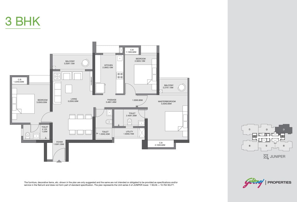 Godrej Emerald Waters 3 BHK Floor Plan